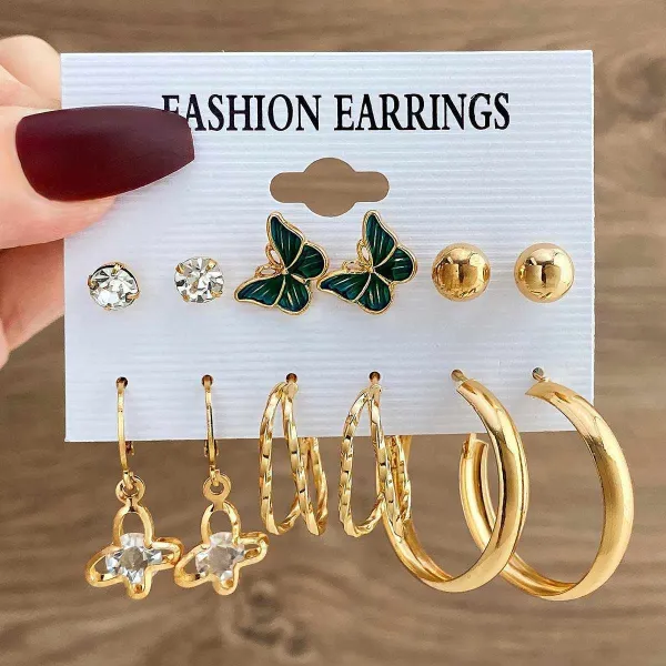 Delicate Golden Crystal Butterfly Earrings (6 pairs)